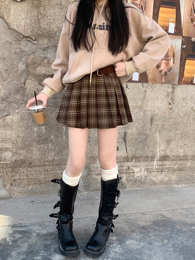 Retro Plaid Coffee Color Aline Pleated Short College Skirt