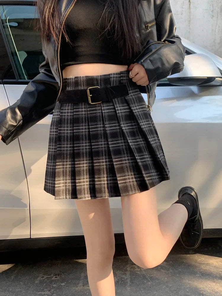 Retro Plaid Coffee Color Aline Pleated Short College Skirt