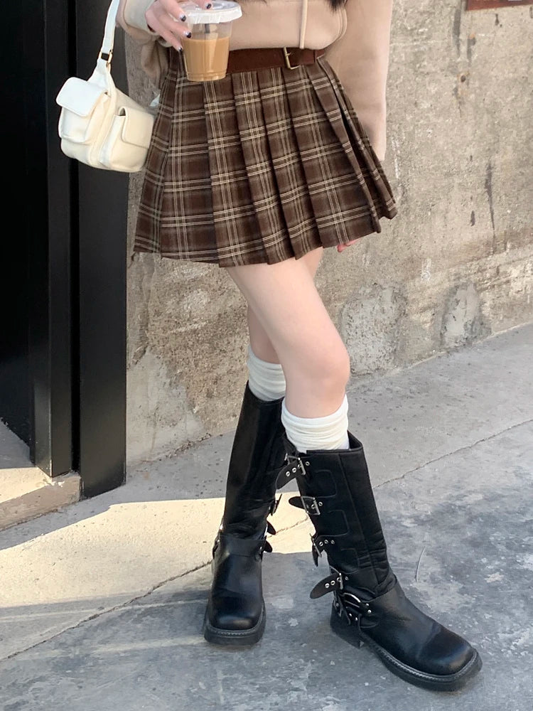 Retro Plaid Coffee Color Aline Pleated Short College Skirt