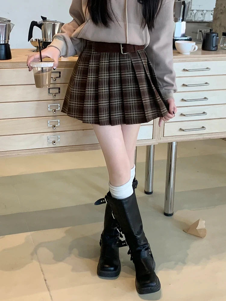Retro Plaid Coffee Color Aline Pleated Short College Skirt