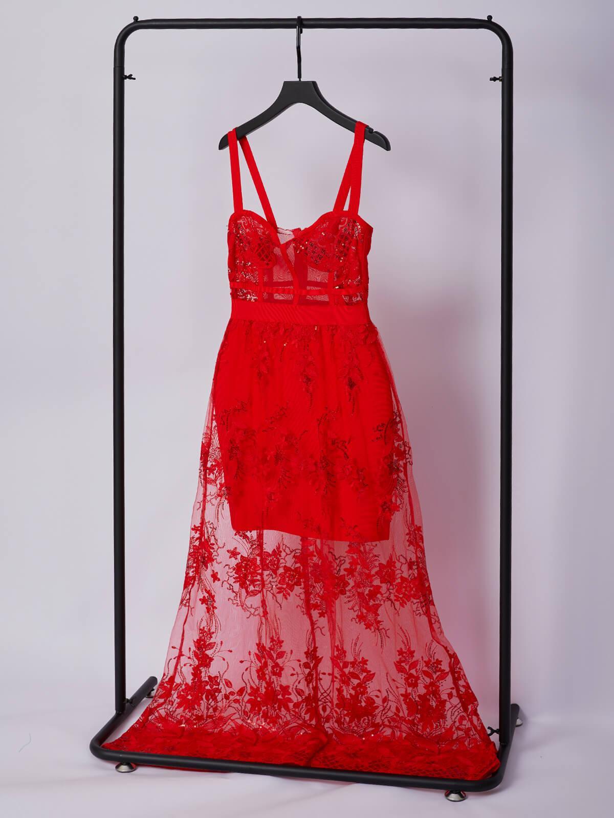 Sweetheart Strap Corset Floral Sequin Lace Sheer Overlay Maxi Dress