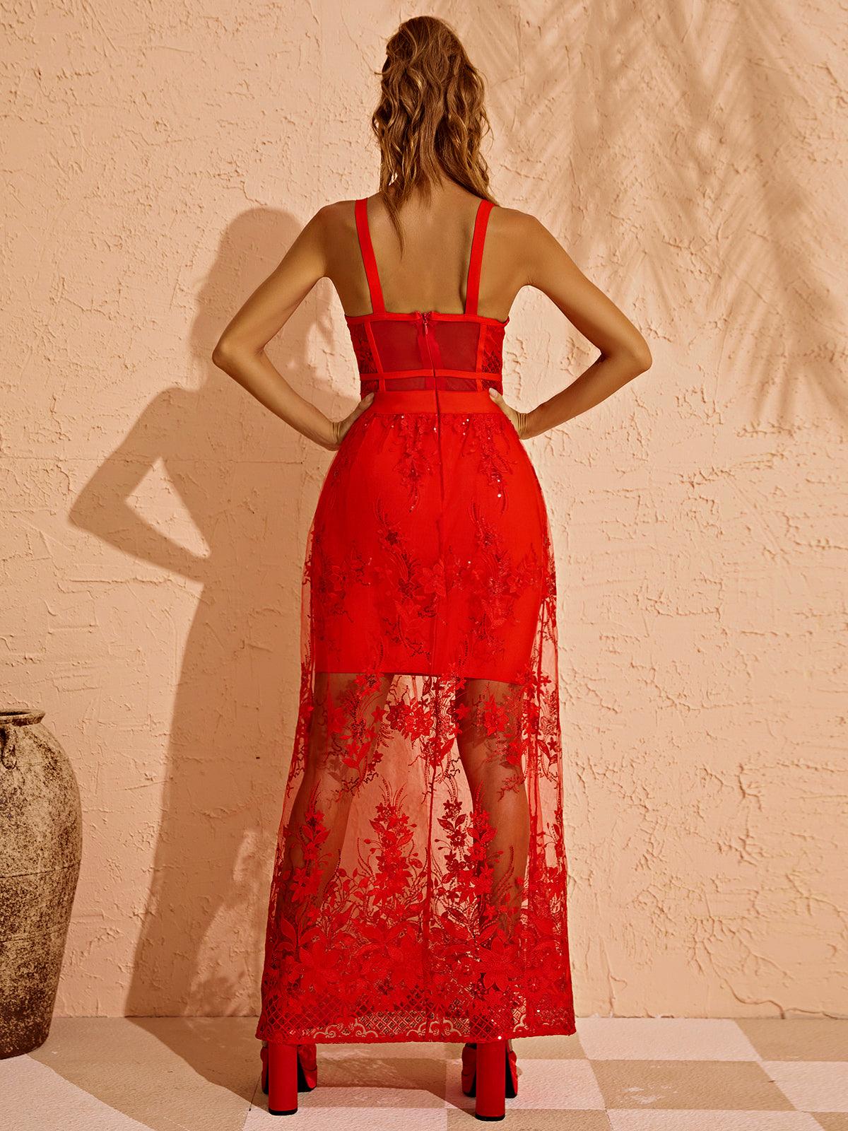 Sweetheart Strap Corset Floral Sequin Lace Sheer Overlay Maxi Dress
