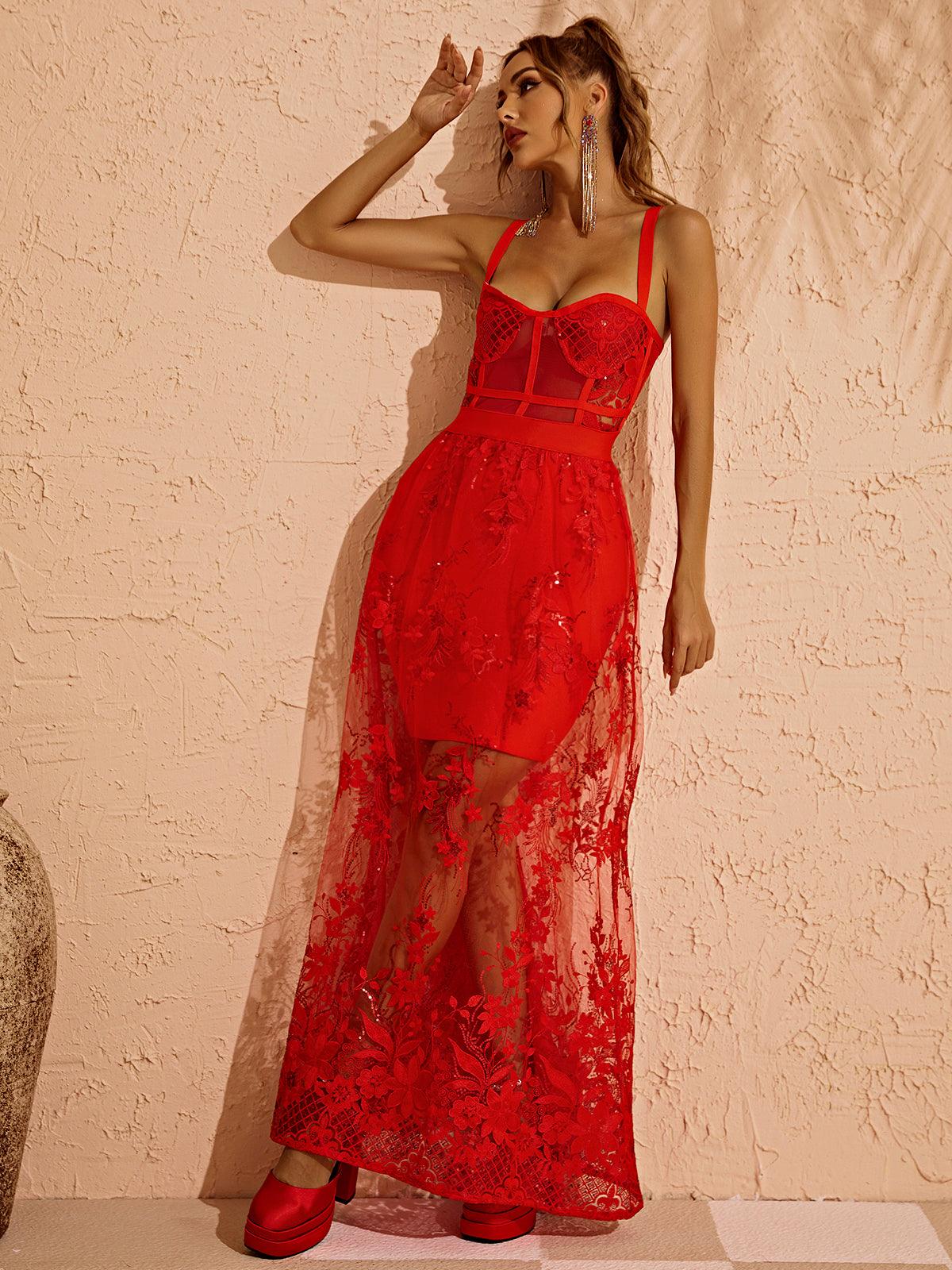 Sweetheart Strap Corset Floral Sequin Lace Sheer Overlay Maxi Dress