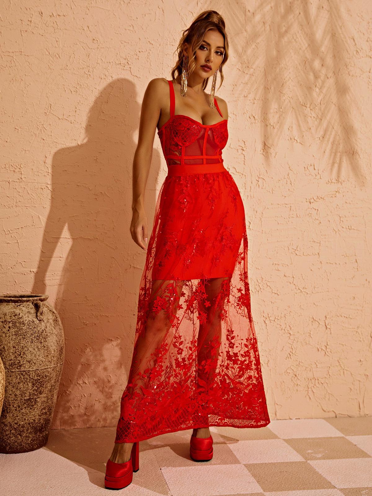 Sweetheart Strap Corset Floral Sequin Lace Sheer Overlay Maxi Dress