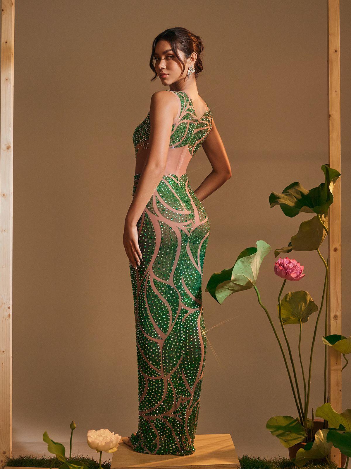 Round Neck Printed Rhinestone Maxi Dress
