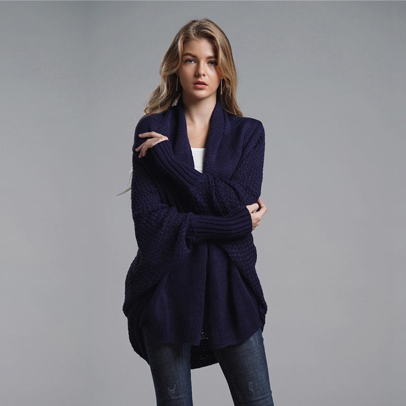 Oversized Sweater Knitted Patchwork Batwing Sleeves Cardigan Navy Blue / One Size