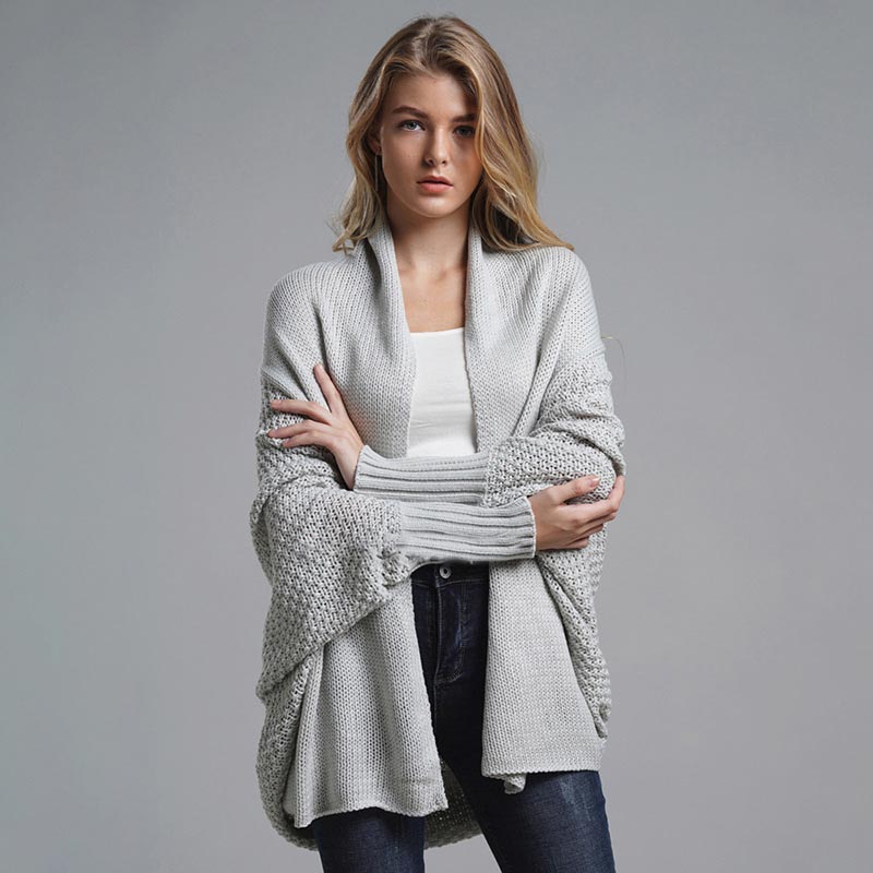Oversized Sweater Knitted Patchwork Batwing Sleeves Cardigan Gray / One Size
