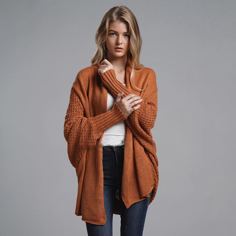 Oversized Sweater Knitted Patchwork Batwing Sleeves Cardigan Brick Red / One Size