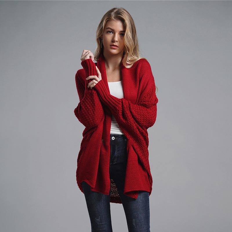 Oversized Sweater Knitted Patchwork Batwing Sleeves Cardigan Red / One Size