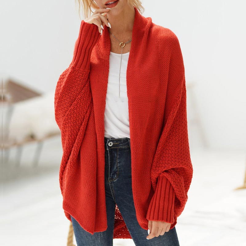 Oversized Sweater Knitted Patchwork Batwing Sleeves Cardigan Rust Red / One Size
