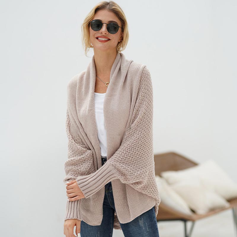Oversized Sweater Knitted Patchwork Batwing Sleeves Cardigan Khaki / One Size
