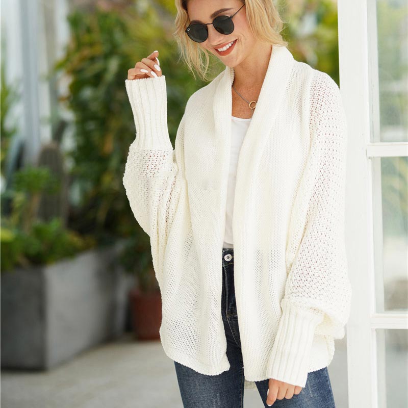 Oversized Sweater Knitted Patchwork Batwing Sleeves Cardigan Beige / One Size