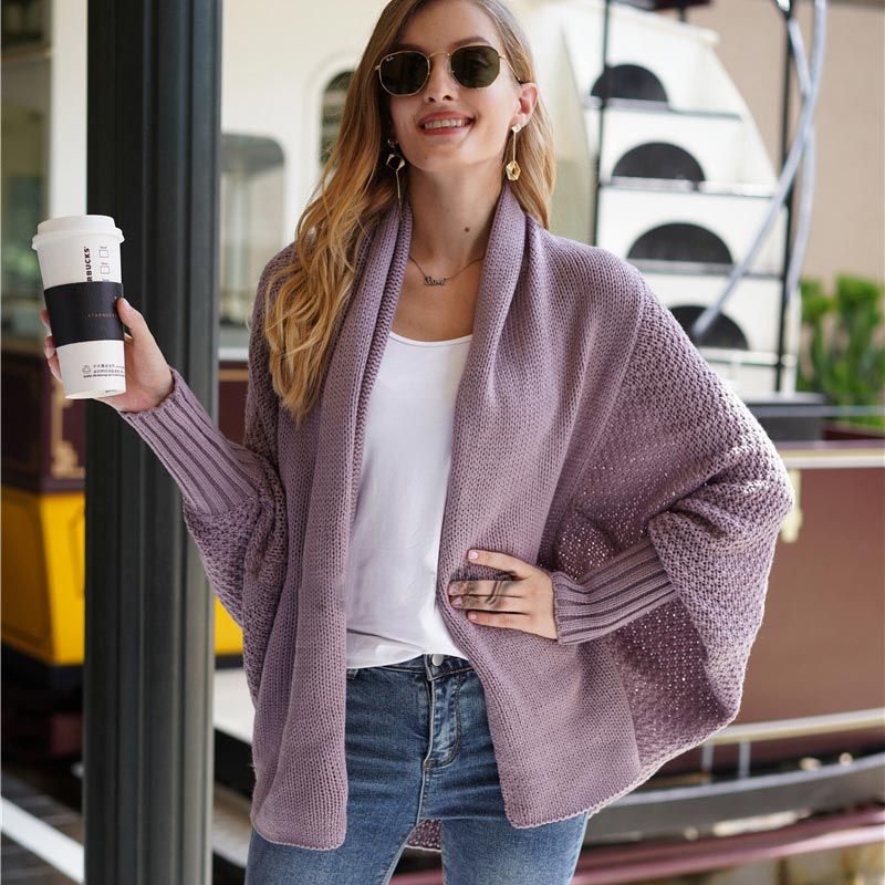 Oversized Sweater Knitted Patchwork Batwing Sleeves Cardigan Purple / One Size