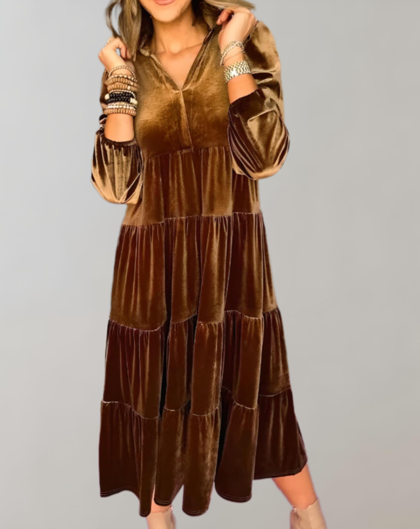 Ursula Exclusive Loose Velvet Dress with a V Neck Designer Edit