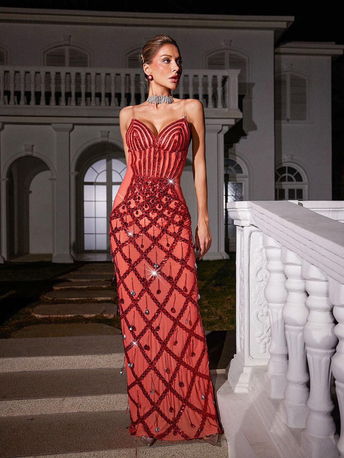 Sequin Embellished Mesh Maxi Dress