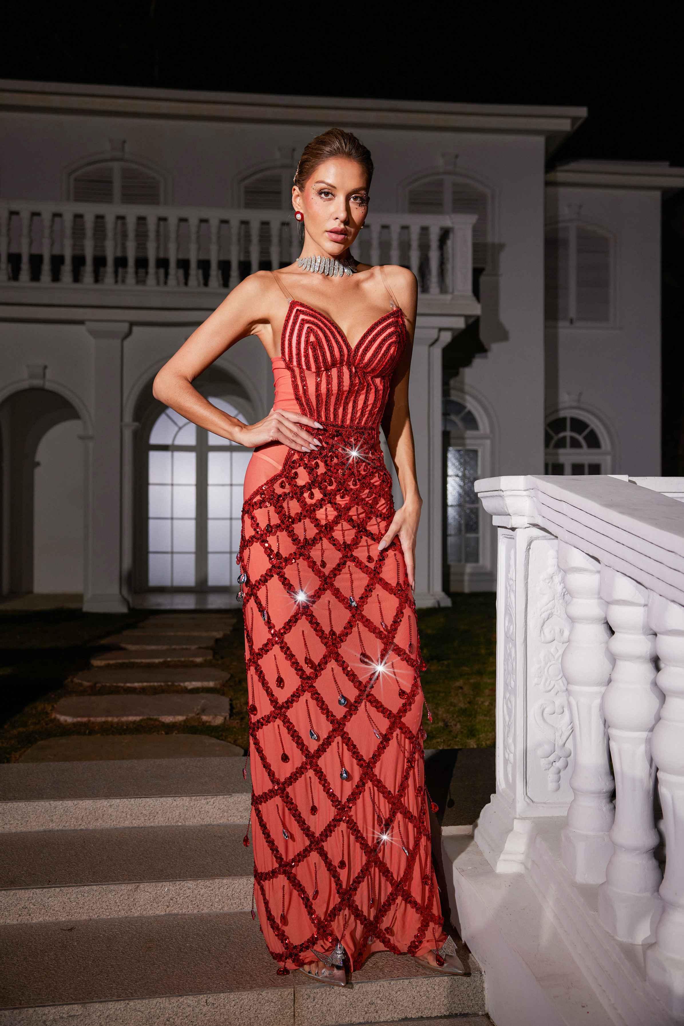 Sequin Embellished Mesh Maxi Dress