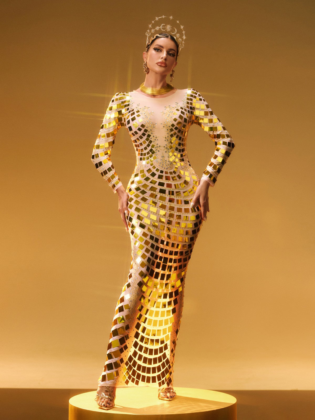 Long Sleeve Curve Embellished Maxi Dress In Gold