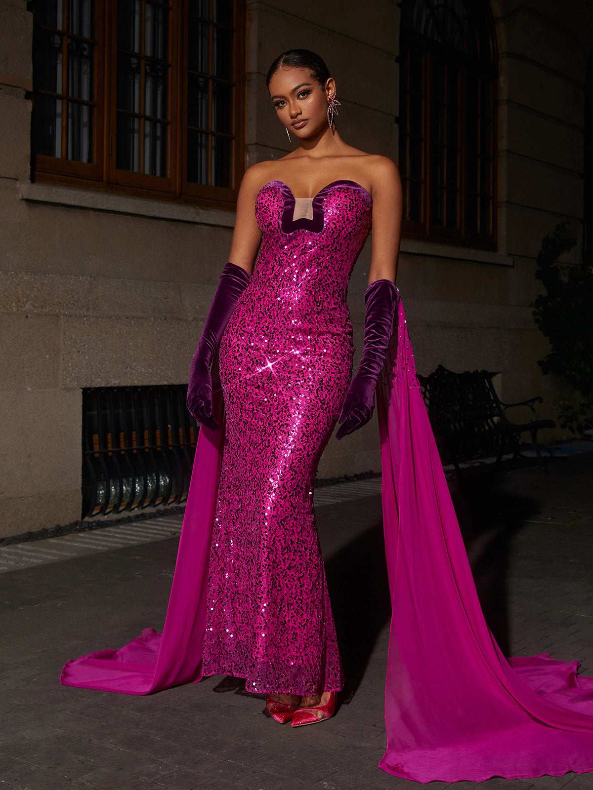 Strapless Sweetheart Sequin Mermaid Gown With Gloves