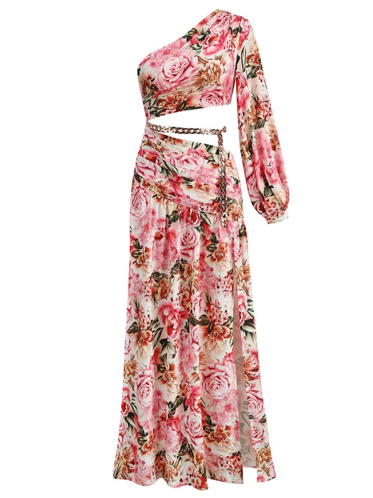 One Shoulder Floral Cutout High Slit Maxi Dress
