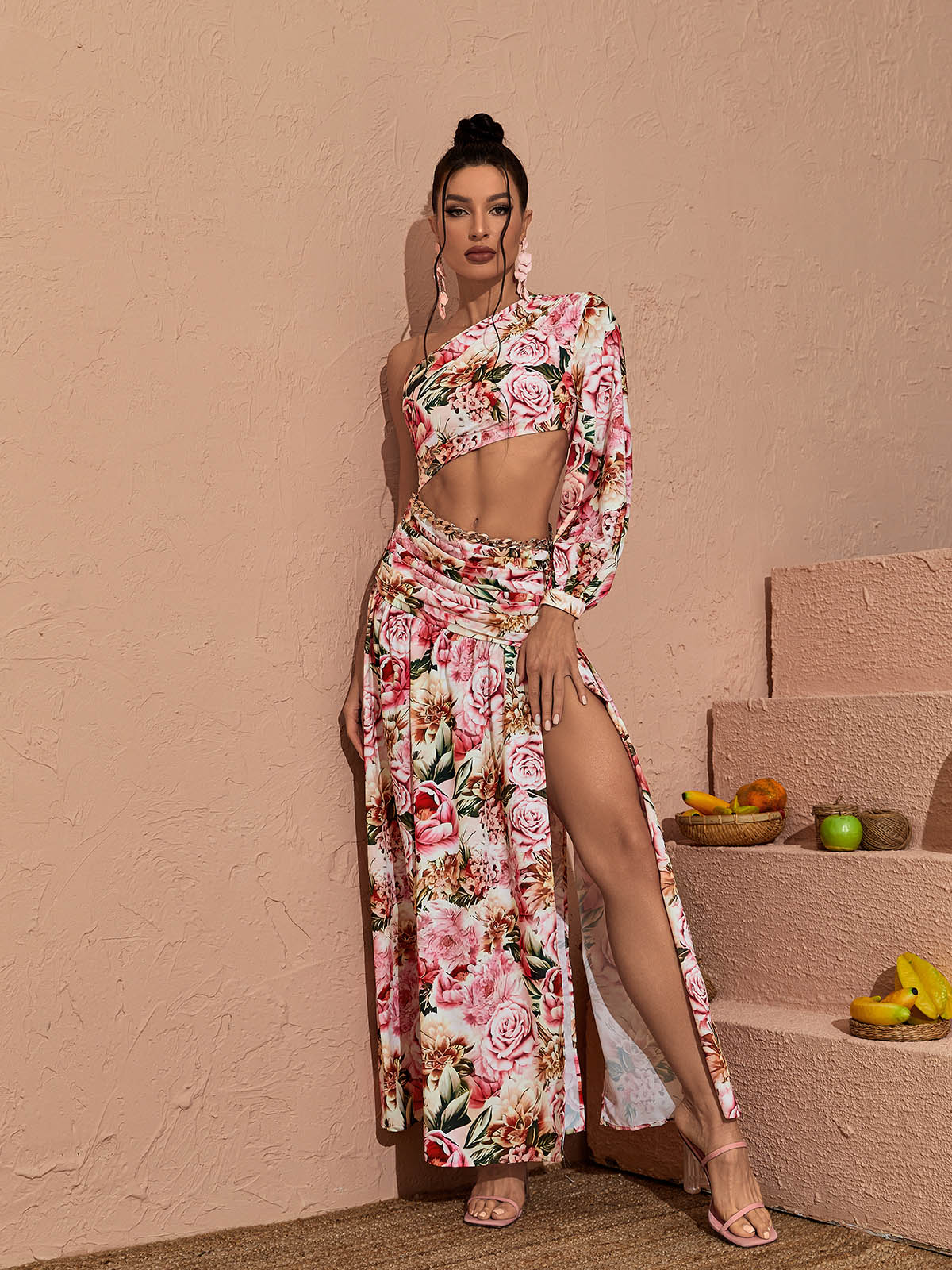 One Shoulder Floral Cutout High Slit Maxi Dress