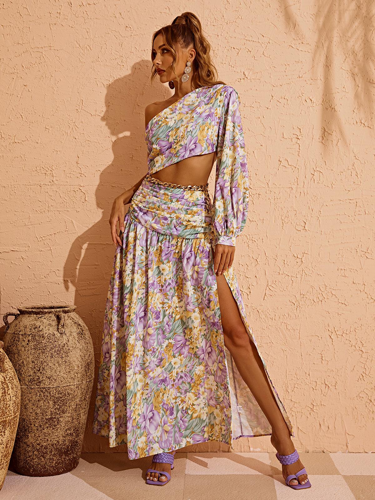 One Shoulder Long Sleeve Floral Cutout High Slit Maxi Dress