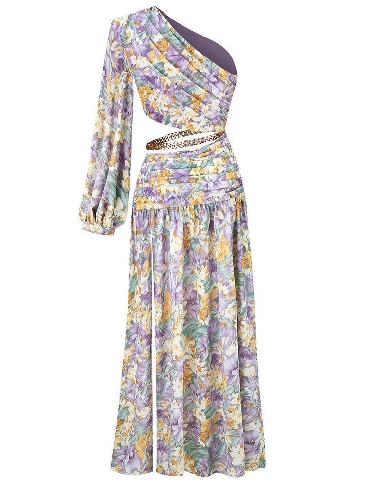 One Shoulder Long Sleeve Floral Cutout High Slit Maxi Dress