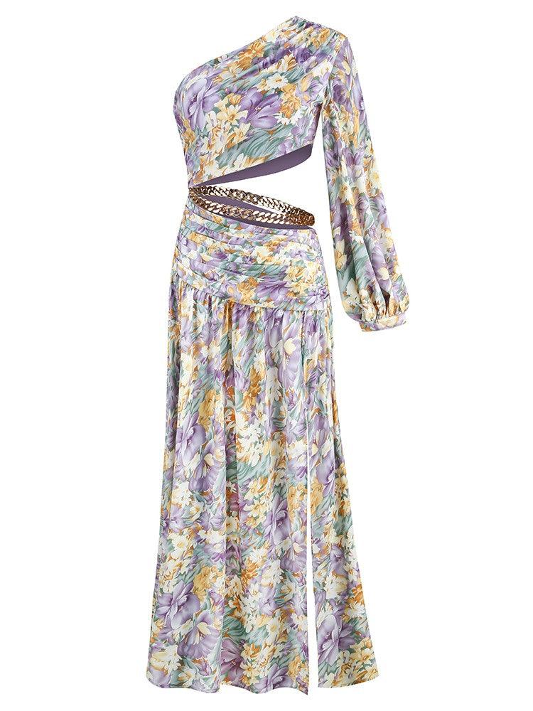 One Shoulder Long Sleeve Floral Cutout High Slit Maxi Dress