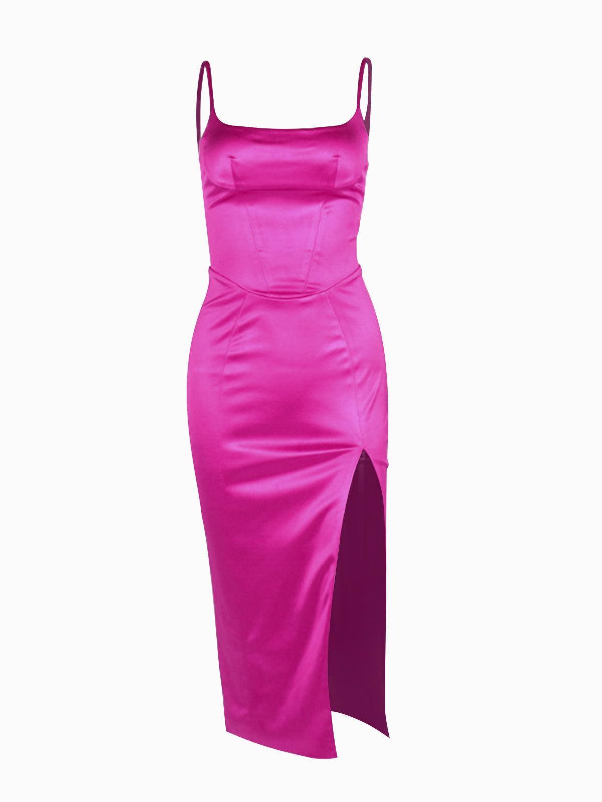 Spaghetti Strap Satin Corset Seam High Slit Bodycon Midi Dress