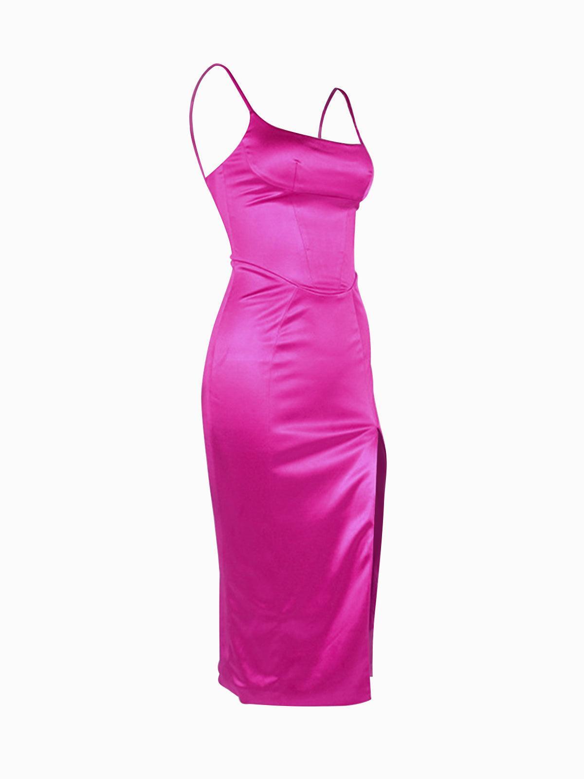 Spaghetti Strap Satin Corset Seam High Slit Bodycon Midi Dress