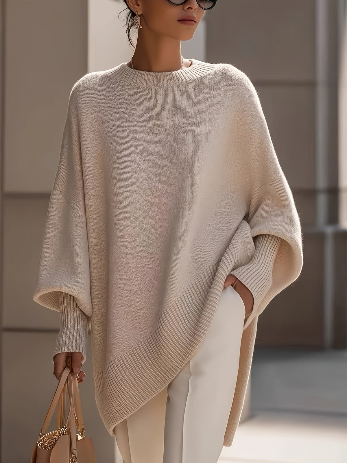 Mock Neck Drop Shoulder Asymmetric Hem Oversized Knit Sweater 3