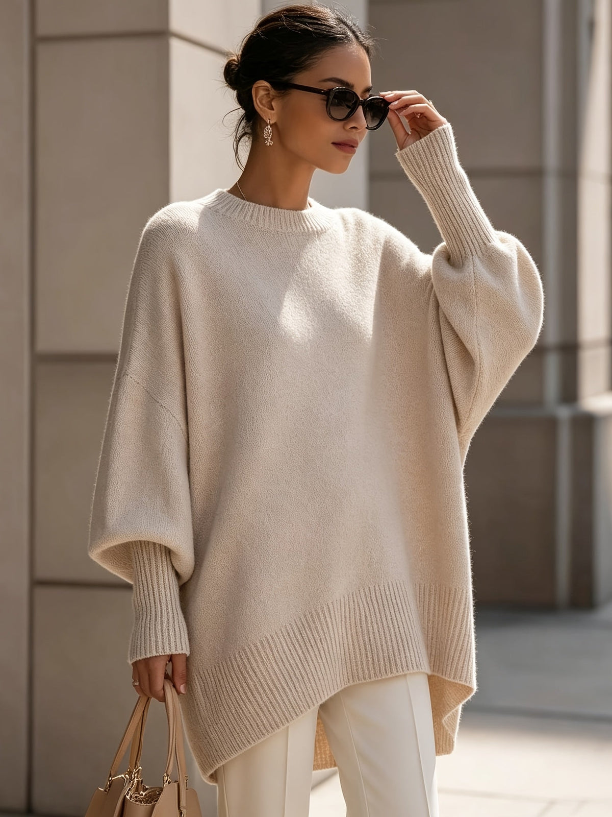 Mock Neck Drop Shoulder Asymmetric Hem Oversized Knit Sweater