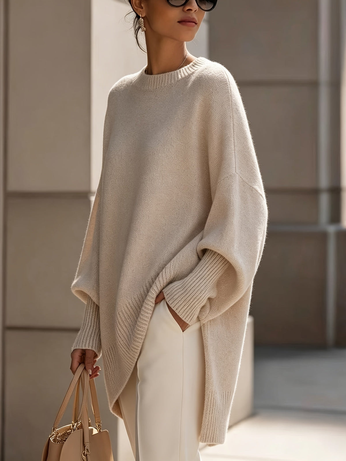 Mock Neck Drop Shoulder Asymmetric Hem Oversized Knit Sweater 2