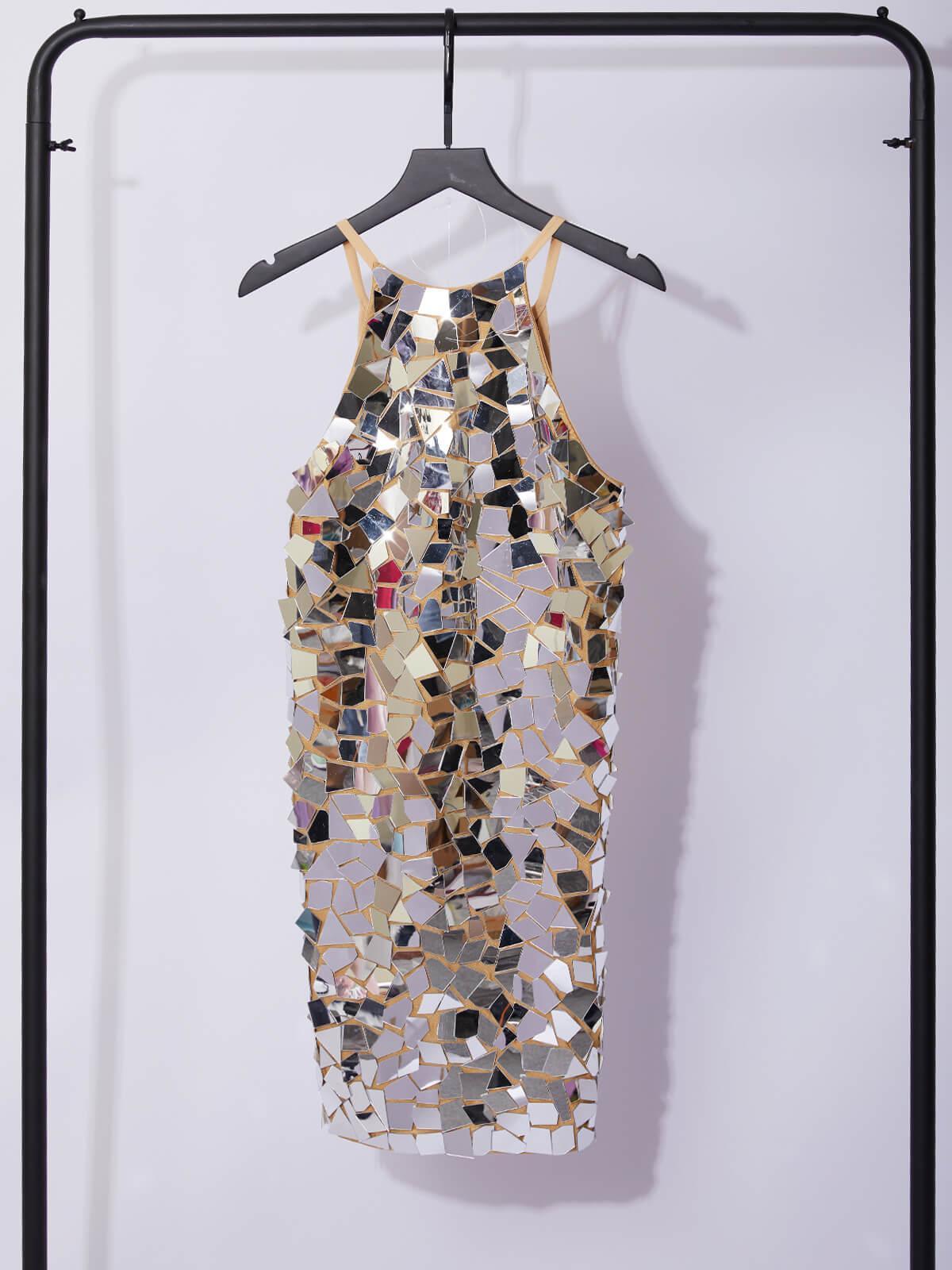 Halter Neck Mirror Sequin Embellished Sleeveless Bodycon Mini Dress
