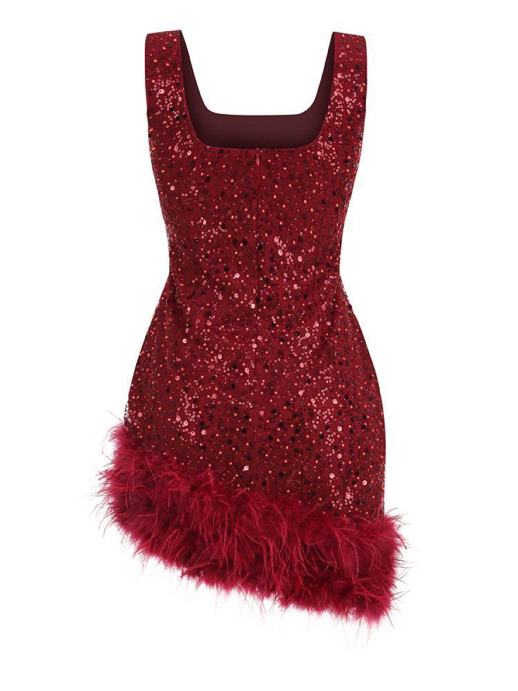 Square Neck Sleeveless Sequin Feather Trim Bodycon Mini Dress