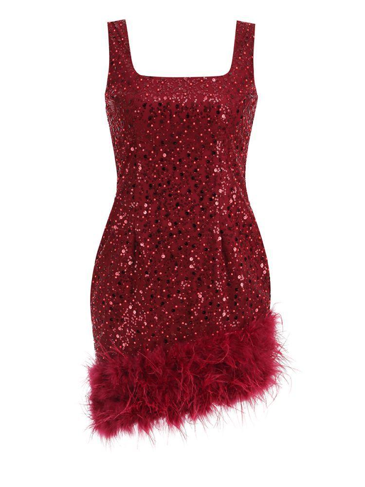 Square Neck Sleeveless Sequin Feather Trim Bodycon Mini Dress