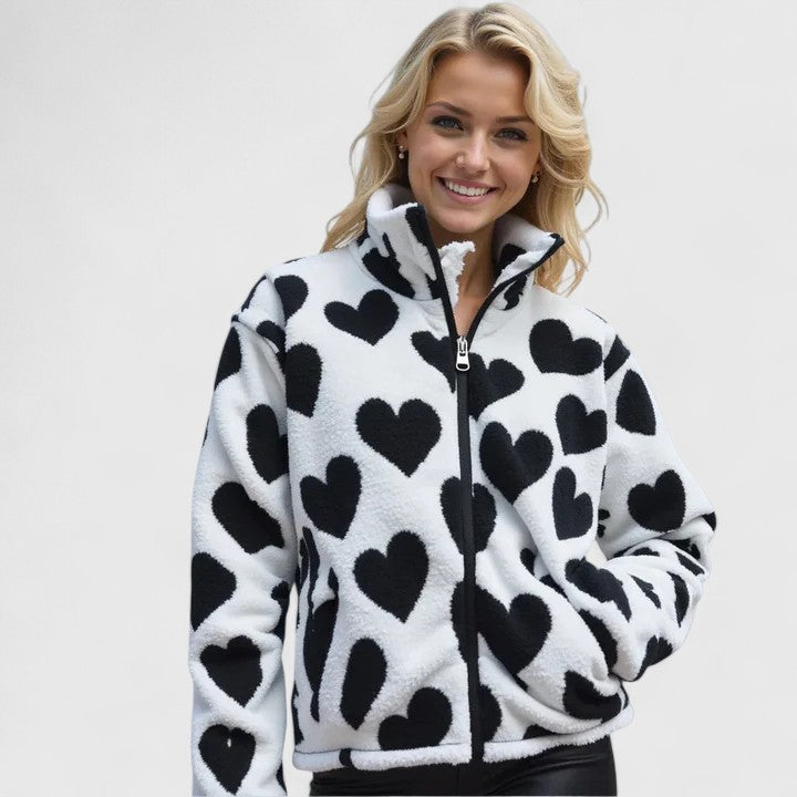 Stand Collar Heart Print Zip-Front Fleece Jacket