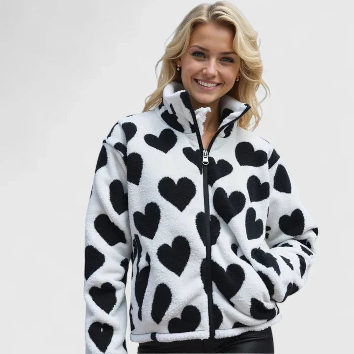 Heart Print Stand Collar Zip-Front Cozy Fleece Jacket