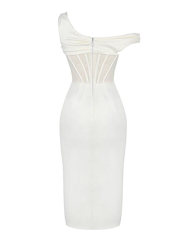 Asymmetric Mesh Corset Satin Draped High Slit Bodycon Midi Dress
