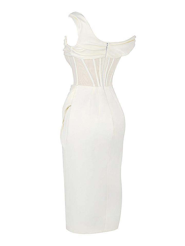 Asymmetric Mesh Corset Satin Draped High Slit Bodycon Midi Dress