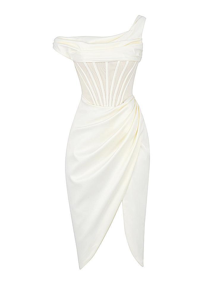 Asymmetric Mesh Corset Satin Draped High Slit Bodycon Midi Dress