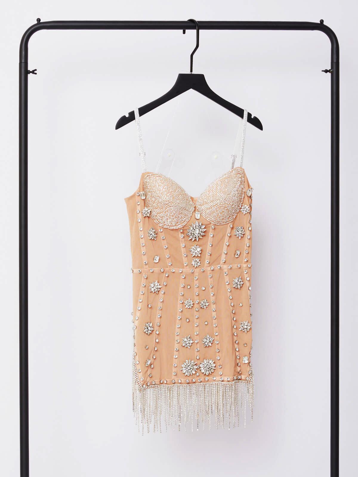 Spaghetti Strap Rhinestone Embellished Fringe Bustier Bodycon Mini Dress