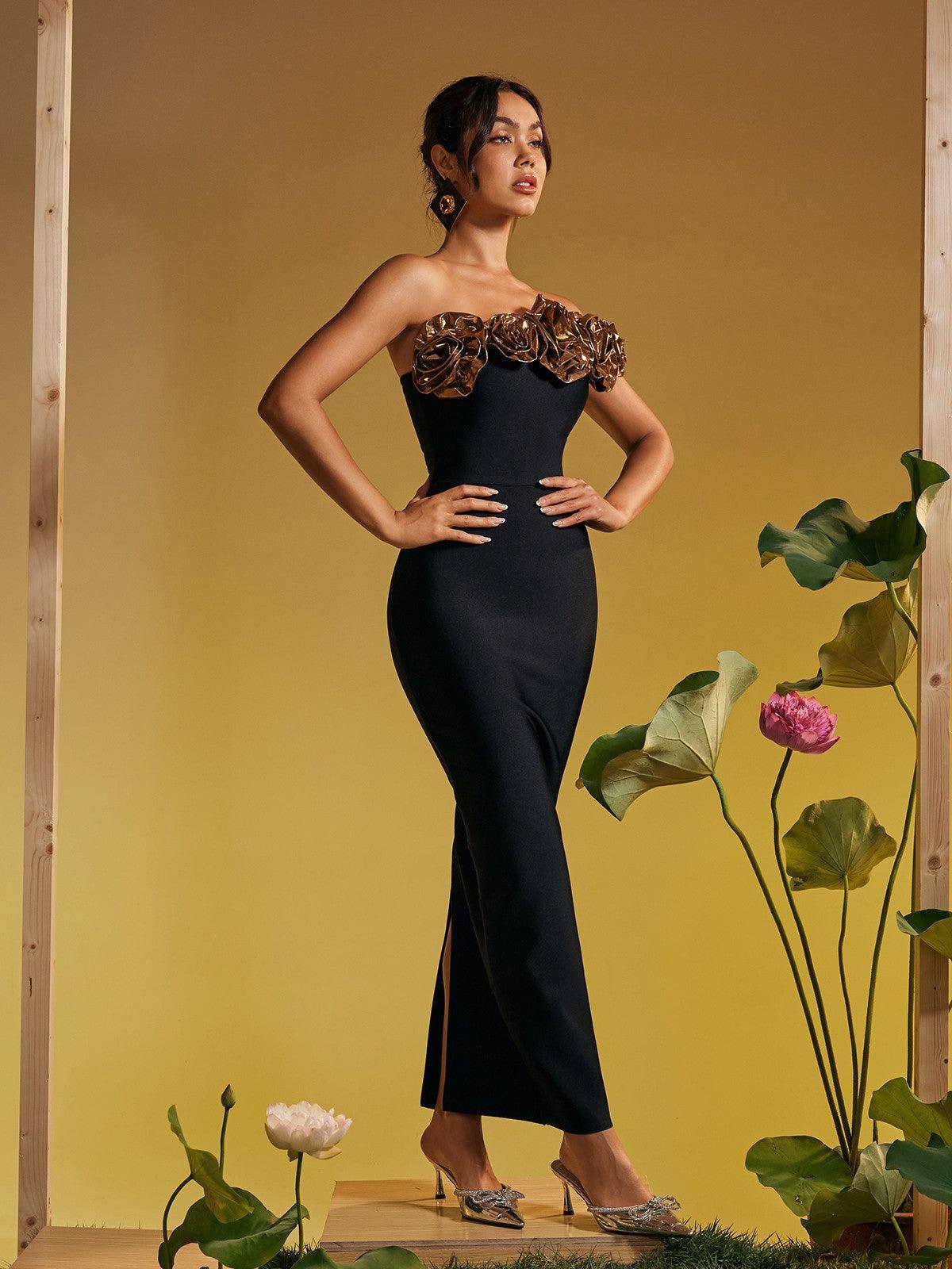 One Shoulder Flower Bandage Maxi Dress In Gold