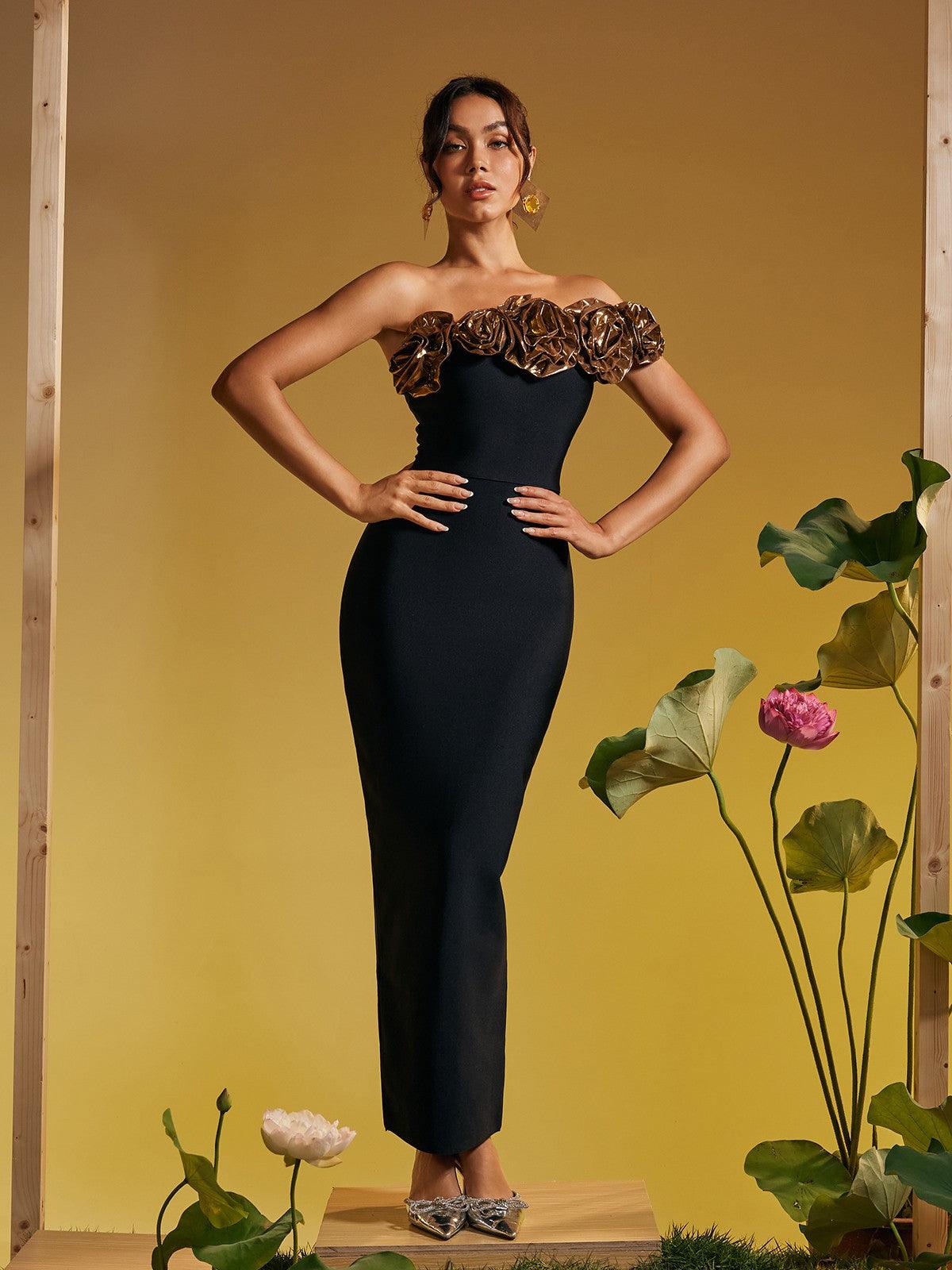 One Shoulder Flower Bandage Maxi Dress In Gold