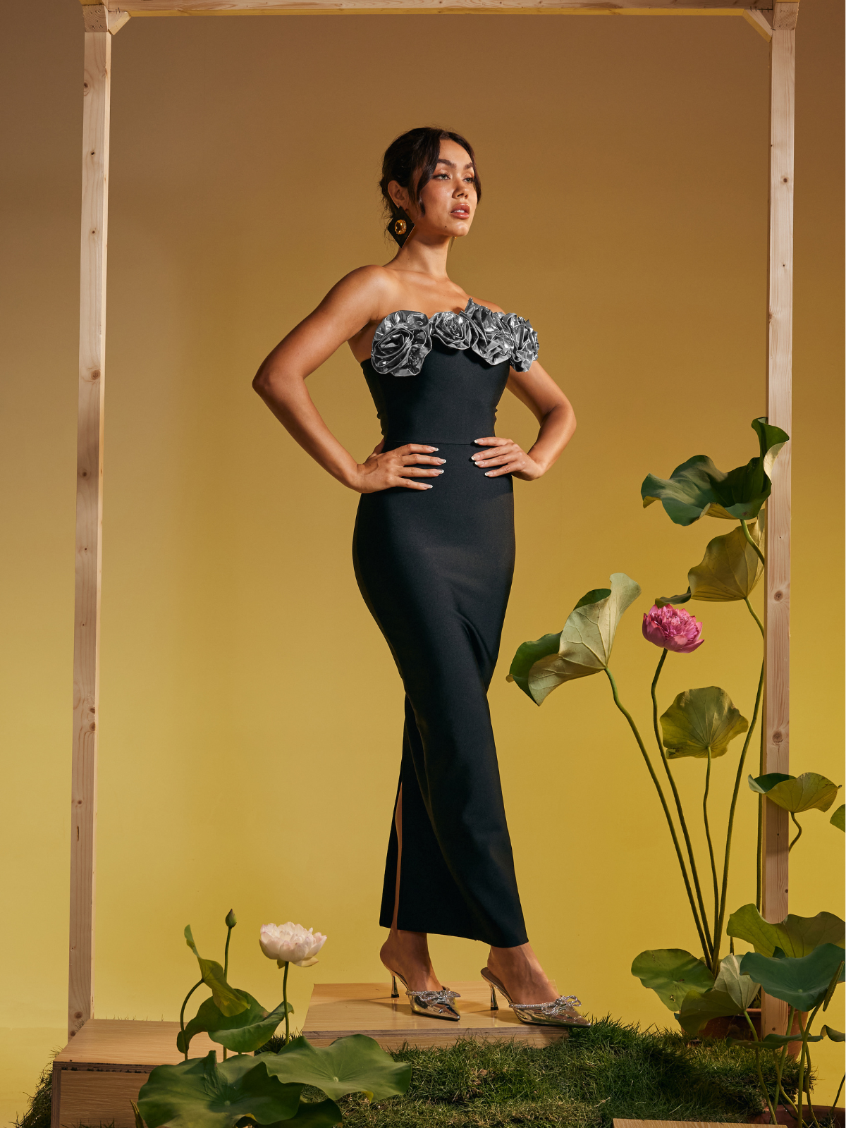 One Shoulder Flower Bandage Maxi Dress In Silver