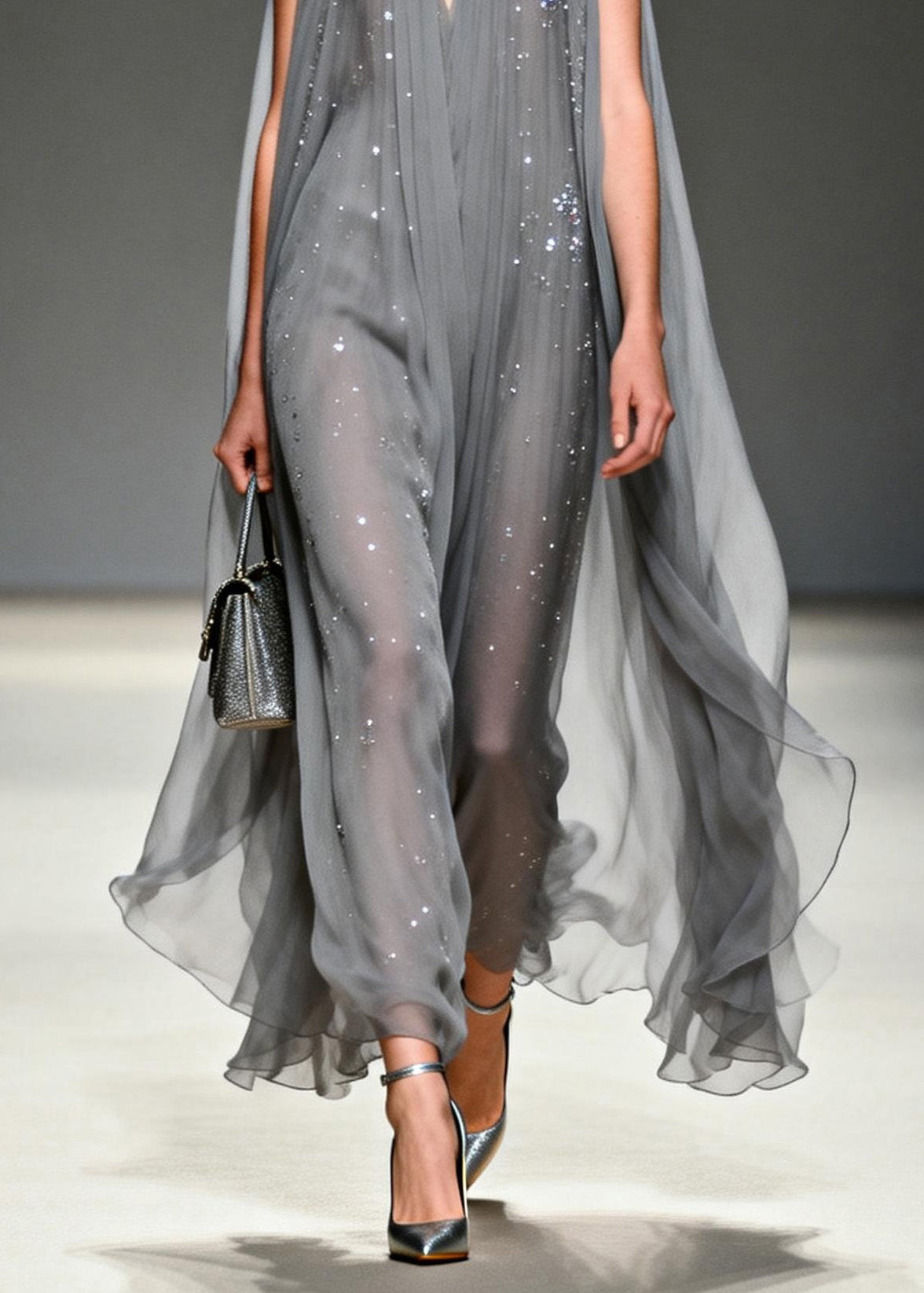 Art Grey V Neck Zircon Chiffon Long Dress Summer