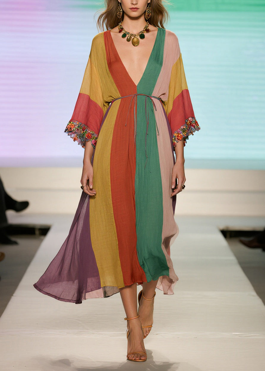 Deep V-Neck Kimono Sleeve Vertical Stripe Floral Embroidery Midi Dress 3