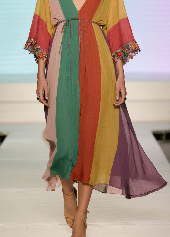 Deep V-Neck Kimono Sleeve Vertical Stripe Floral Embroidery Midi Dress 4