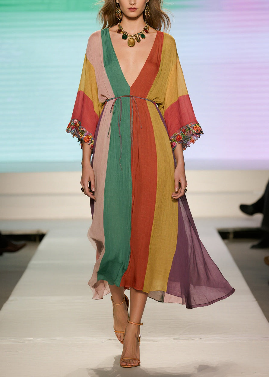 Deep V-Neck Kimono Sleeve Vertical Stripe Floral Embroidery Midi Dress 5