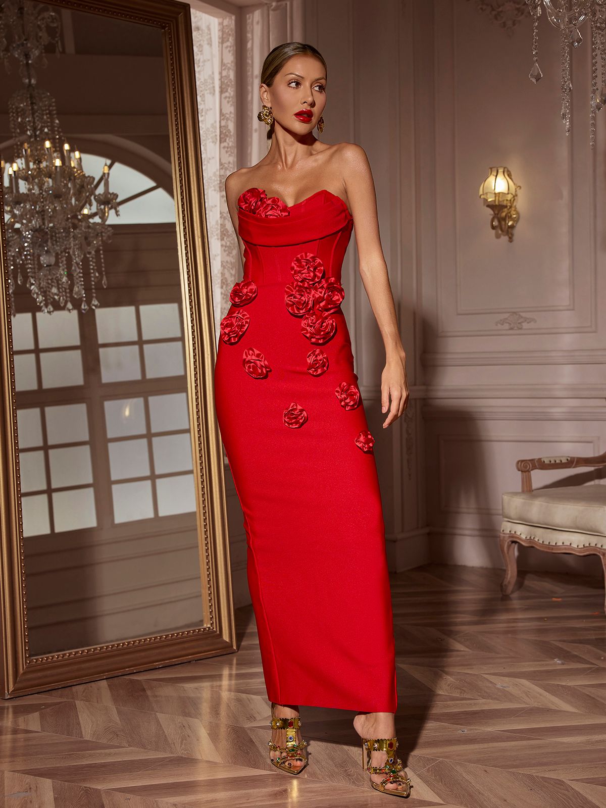 Strapless Flower Bandage Dress In Red