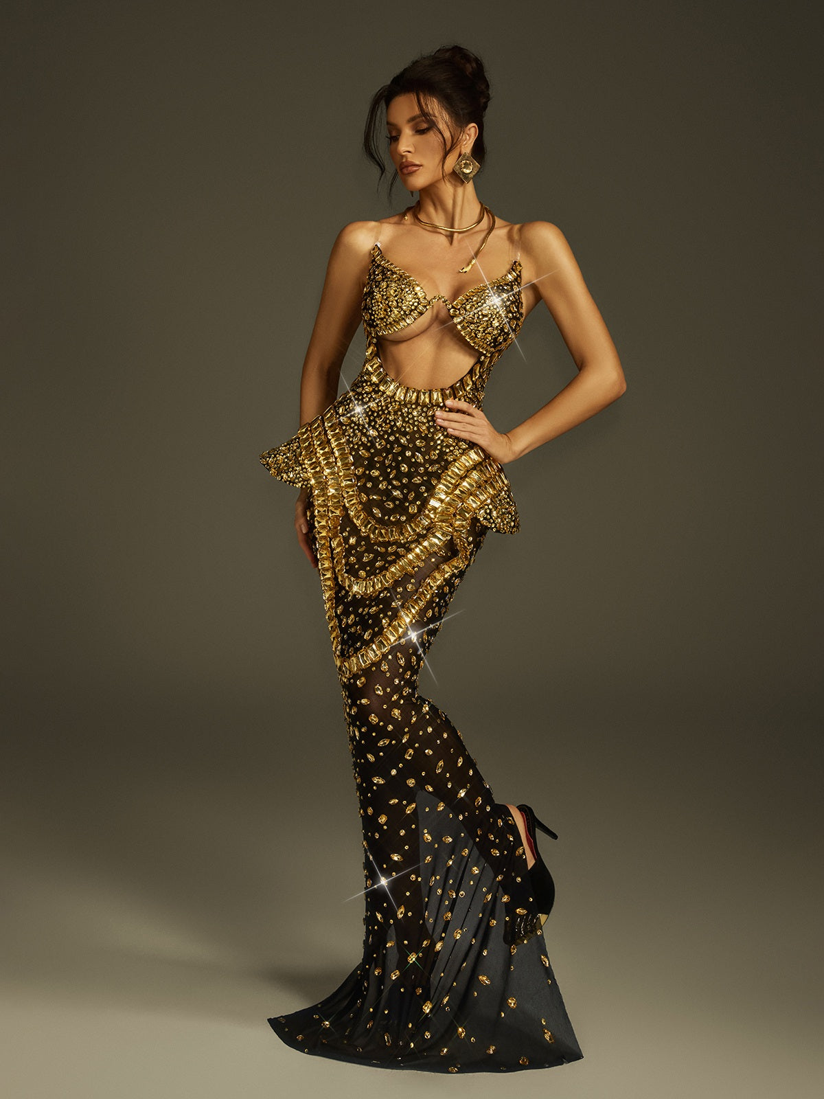 Strapless Cutout Crystal Maxi Dress In Gold